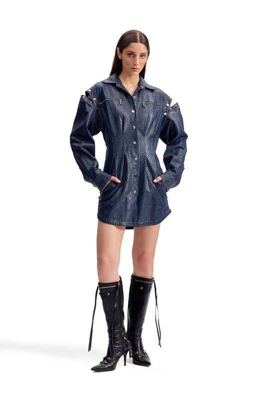 Serpentine Foil Trucker Shirt Dress