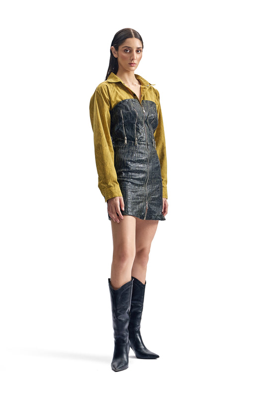 Cracked Leather Hybrid Shirt Dress