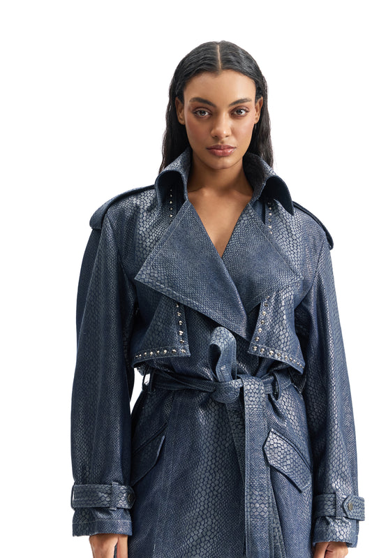 Serpentine Foil Denim Trench Coat