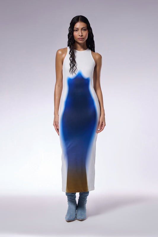 Gradient Trompe l’Oeil Print Maxi Dress