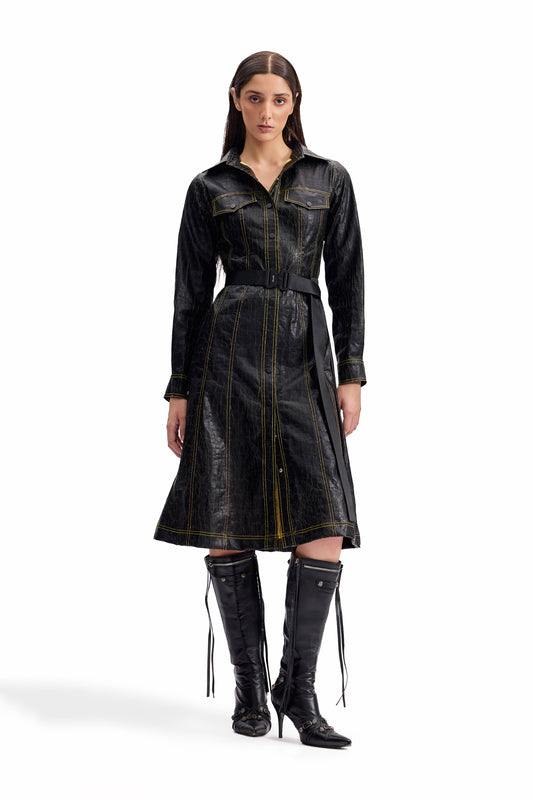 Cracked Leather Midi Shirt Dress