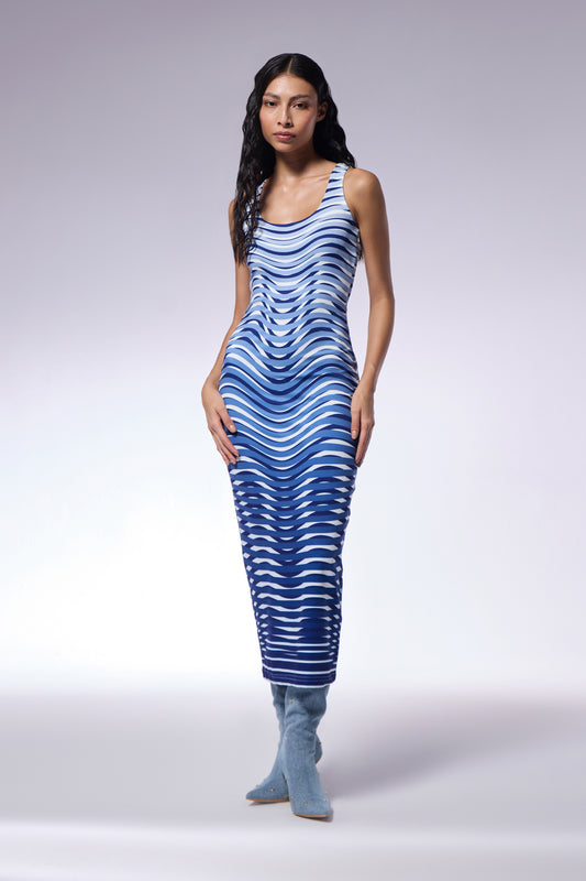 Optic Blue Midi Trompe l’Oeil Print Dress