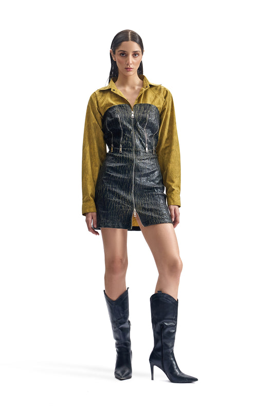 Cracked Leather Hybrid Shirt Dress