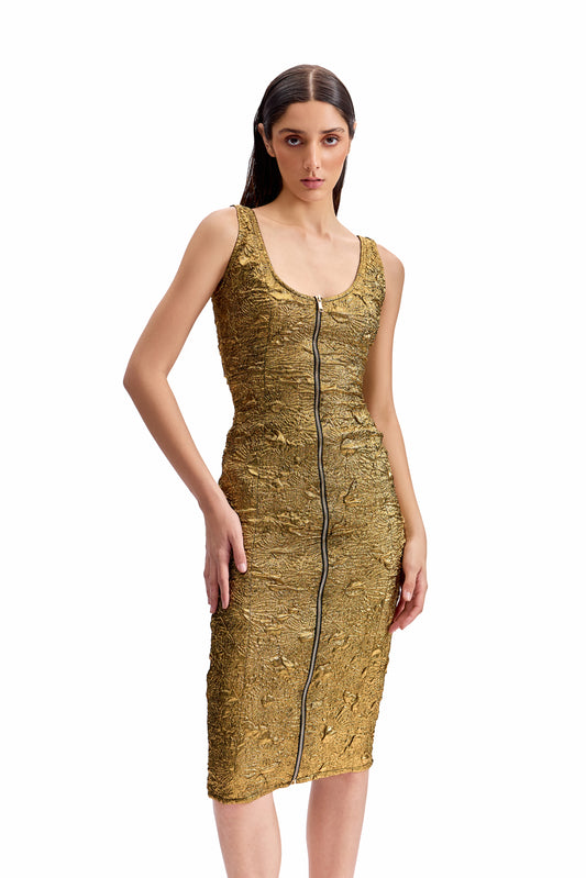 Antique Gold Front-Zip Dress