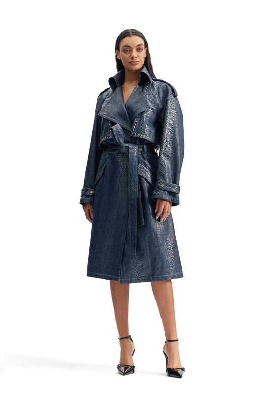 Serpentine Foil Denim Trench Coat